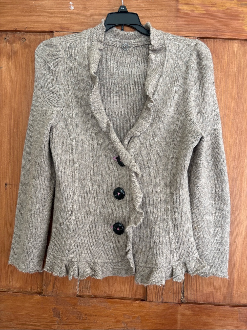 Women’s One Girl Who Ruffle Trim Knit Beige Pink Cardigan Sweater M